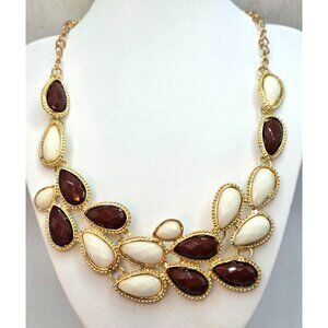 Gold Tone Statement Necklace With Brown & Cream Teardrop Resin Stones